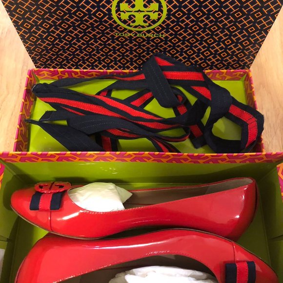 Tory Burch Women's red patent leather bow ballet flats shoes with lacing size7 - Picture 3 of 8